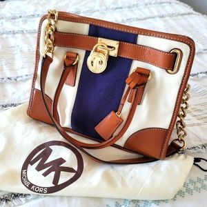 MICHAEL KORS MK Hamilton Leather/Canvas cream cognac bag impeccable condition